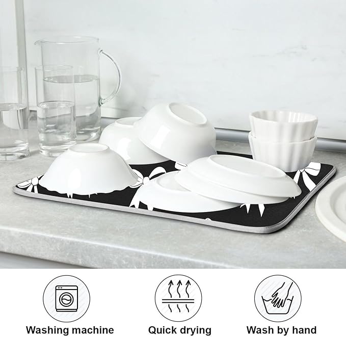 Black Bow Dish Drying Mat for Kitchen Countertop 18x24 Bowknot Coquette Rectangle Large Drying Mat Reusable Quick Dry Dish Sink Absorbent Mats Dishwasher Easy Clean Decorative Home Decor Essentials