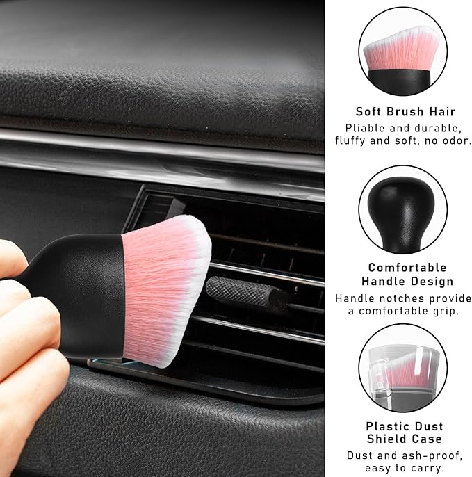 2PCS Car Interior Dust Brush, Soft Scratch Free Auto Detailing Brushes, Universal Vehicle Interior Cleaning Tool for Automotive Dashboard, Air Vents, Leather (Pink & White)
