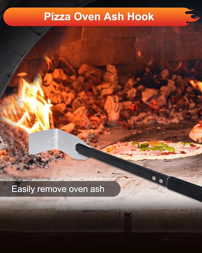 2PCS Pizza Oven Accessories Set, Pizza Brush, Ash Rake with Rubberwood Handle, Durable Pizza Oven Brush and Rake Kit for Deep Cleaning Wood-Fired Ovens