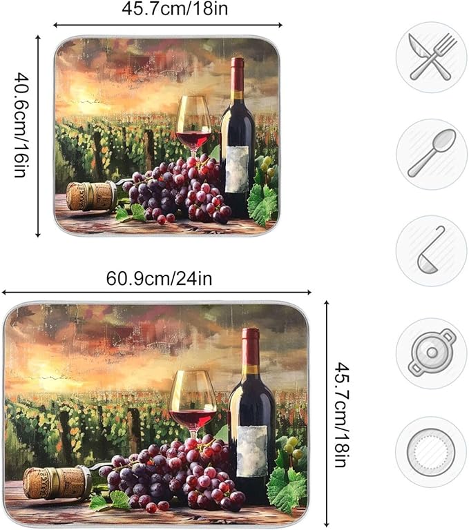Grapes Wine Glass Bottle Dish Drying Mat for Kitchen Counter Absorbent Microfiber Drying Pad, Medium 16x18 in