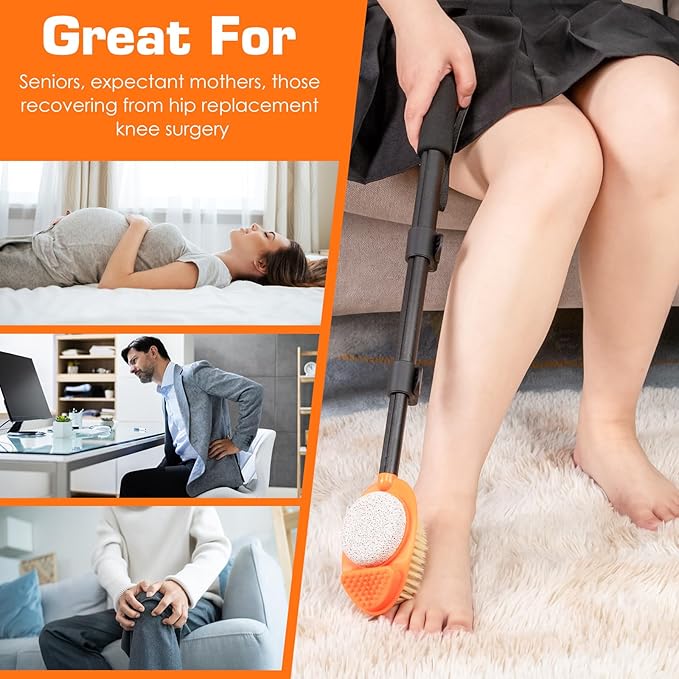 Foot Scrubber with Pumice Stone, 3 in 1 Adjustable Aluminum Tube 15”-28” Shower feet Dead Skin Remover, Foot Cleaning Brush for Seniors,Elderly, Disabled Men and Women