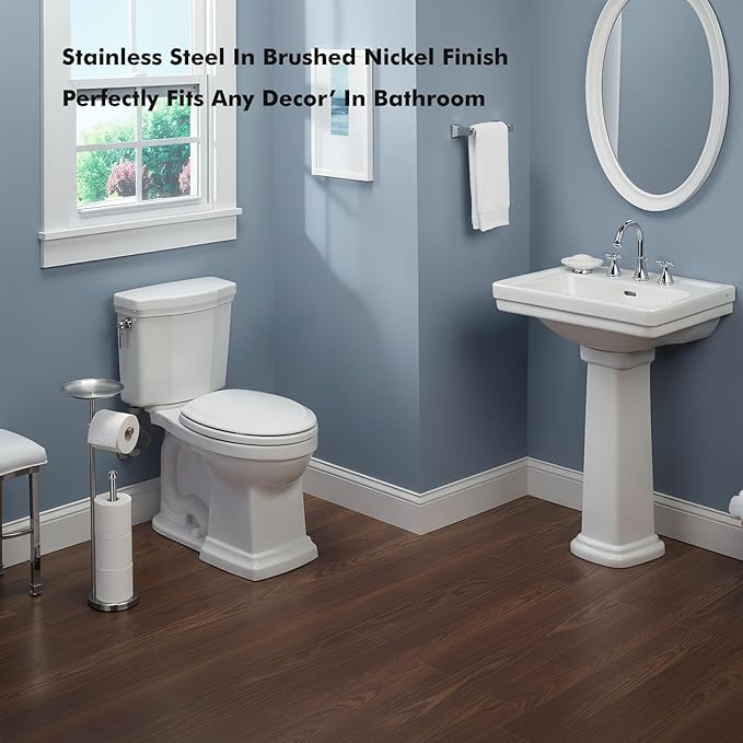 Freestanding Toilet Paper Holder with Shelf, Toilet Paper Stand with Storage for Holding Extra 4 Toilet Paper Rolls (Brushed Nickel)