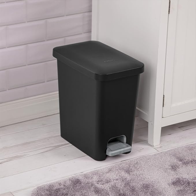 Sterilite 2.7 Gallon Rectangular StepOn Wastebasket with Lid, Small Plastic Trash Can for the Bathroom, Bedroom or Home Office, Pedal and Liner, Black, 2-Pack