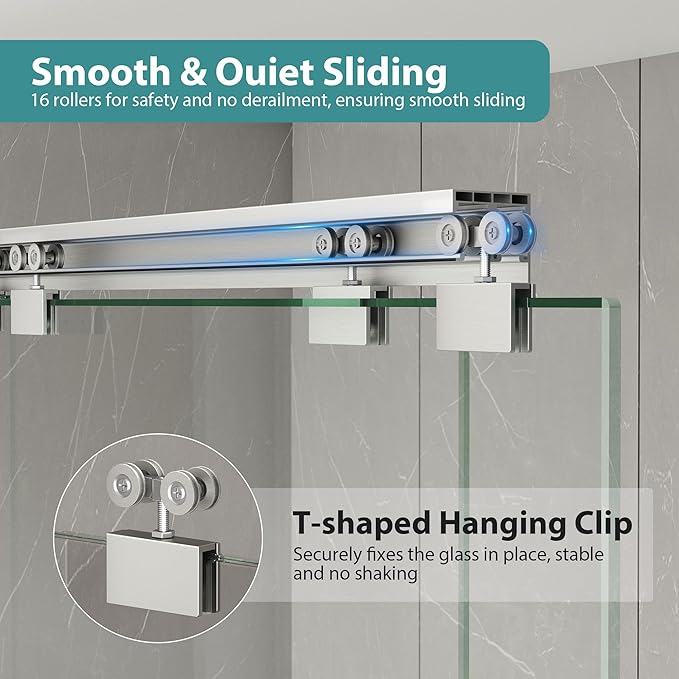 KPUY Glass Shower Door, 43-48" W x 76" H Semi-Frameless Double Sliding Shower Door, 1/4" (6mm) Thick Tempered Clear Glass with Explosion-Proof Film Nano Coating, Brushed Nickel
