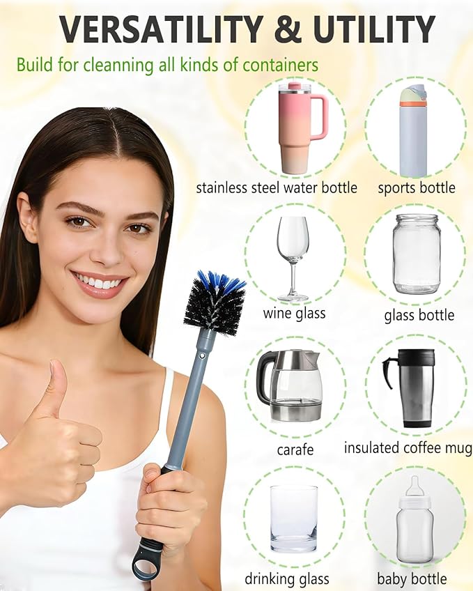 2-in-1 Bottle Brush Cleaner Kit Set,Long Water Bottle Cleaning Brushes,Hidden Straw Brush in Handle,BPA-Free Dishwasher-Safe,for Stanley & Owala Water Bottle,Baby Bottles Cup(Grey)