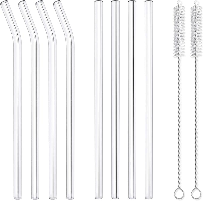 10-Piece Reusable Glass Drinking Straws - 10" x 10 mm - Smoothie Straws for Milkshakes, Frozen Drinks, Smoothies, Bubble Tea - Environmentally Friendly