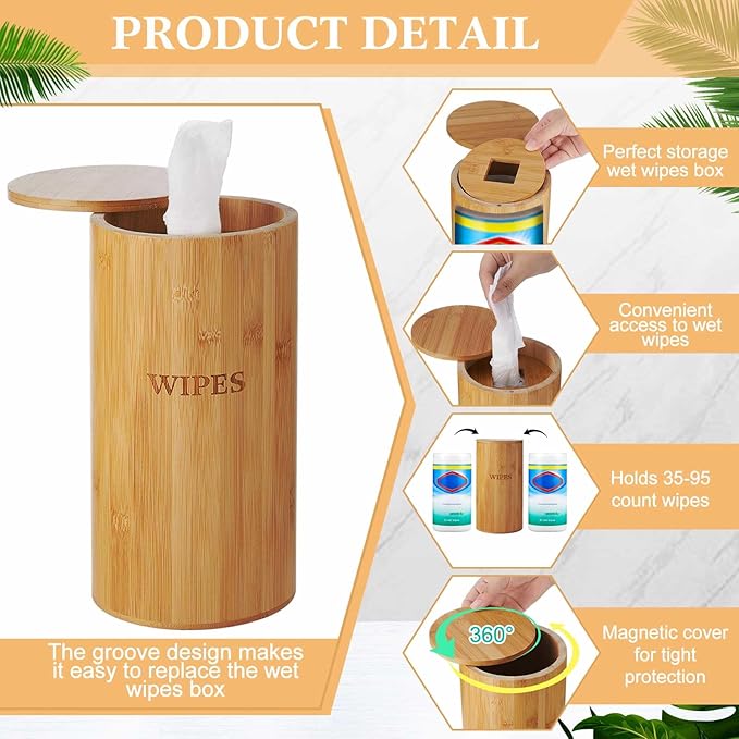 Refillable Wet Wipes Dispenser Disinfecting Wipe Container with Magnetic Lid Stylish Decorative Bamboo Holder for Bathroom Kitchen Countertop Home Office Storage Cleaning(Natural)