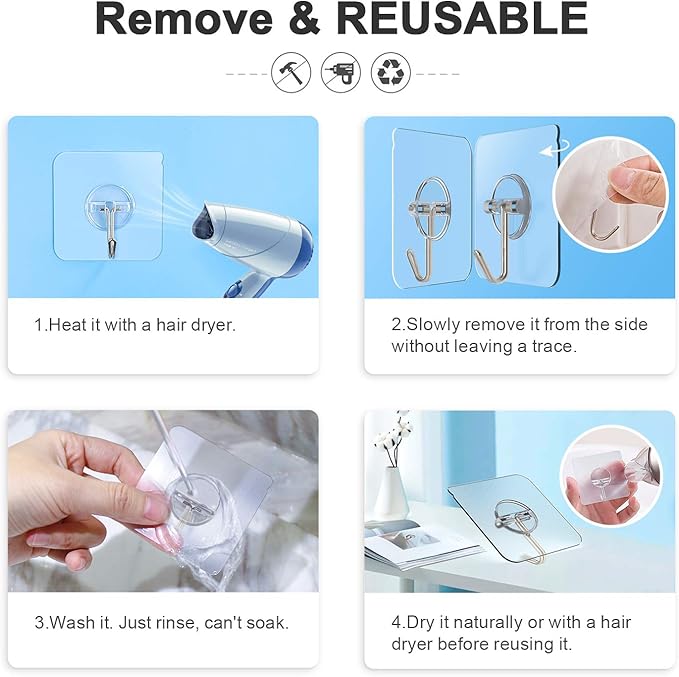 Adhesive Hooks Removable Wall Hooks 13 LB Ceiling Hook Transparent Seamless Waterproof and Oil Proof for Cabinet Kitchen Bathroom Ceiling Office Window 10 Pack