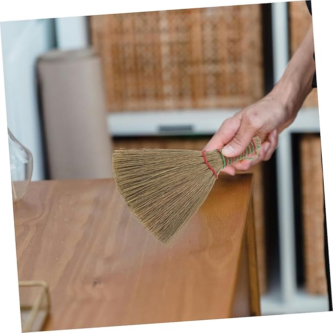 Healifty Natural Miscanthus Mini Broom with Handle Dense Bristles for Dust and Debris Removal Lightweight Portable Household Sweeper for Carpets Beds Floors and Furniture Cleaning