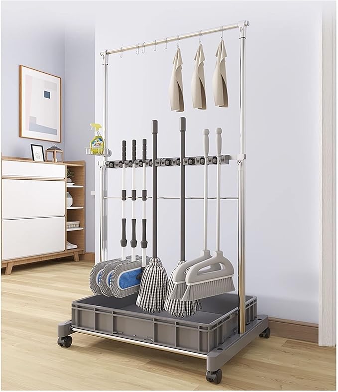 Movable Commercial Mop Rack,Floor Standing Cleaning Tool Cart Storage,Mop and Broom Garden Tool Holder,Housekeeping Cart, Umbrella Stand,Double Deck Stainless Steel Bracket,can Put Wet Mop (Color :