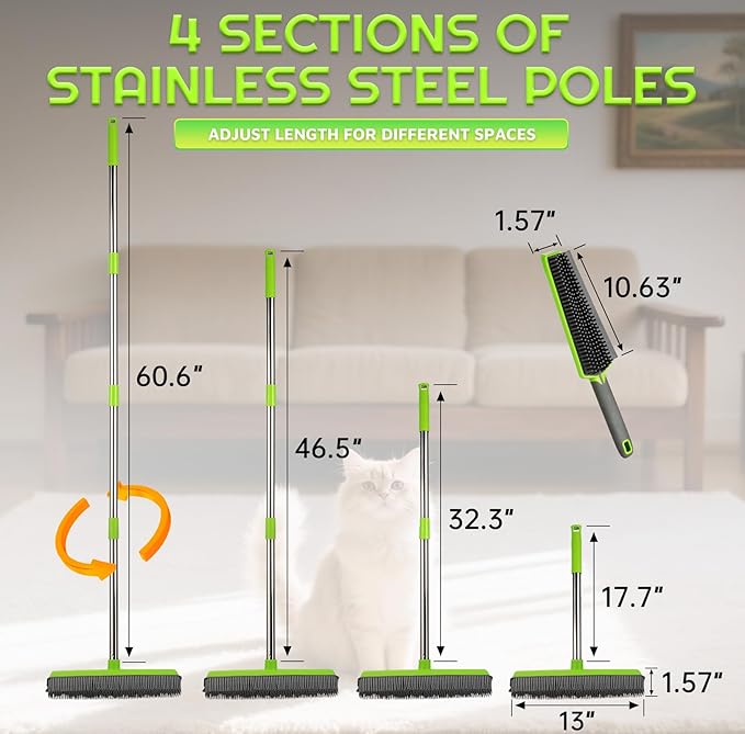 Carpet Rake for Pet Hair Removal with 61" Long Handle, 2 Microfiber Clothes, Squeegee & Pet Silicone Brush,4 in 1 Green Multi-Surface Hair Remover for Rugs,Carpets,Floors, Tiles, Couches