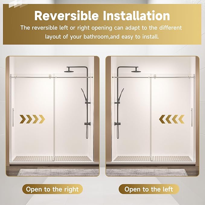 Frameless Sliding Shower Door 72” W x 76” H, 3/8” Tempered Glass, Single Bypass Shower Enclosure with Reversible Door, Quiet Rollers, Anti-Jump Safety System,Brushed Nickel Stainless Steel