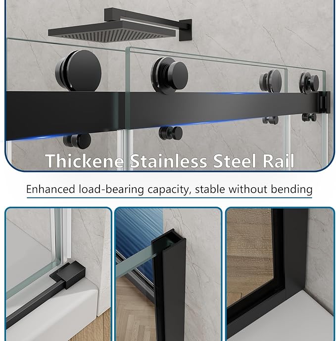 60x76 in Frameless Double Sliding Shower Door with 32x76 in Side Panel, Nano Glass, 304 Stainless Steel in Matte Black, L-Shape Design, Reversible Install