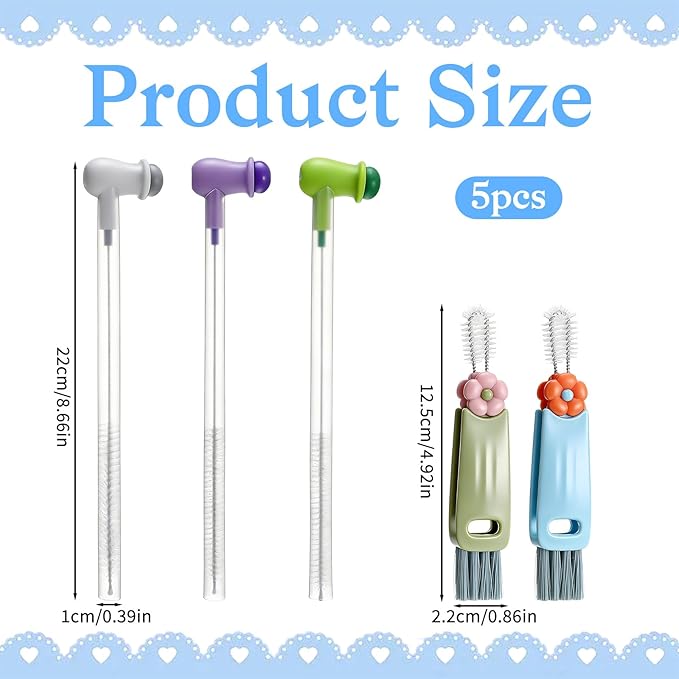 Straw Cleaner Brush Set: 3 Pcs Reusable Pea Long Straw Pipe Cleaner Brushes and 2 Pcs Cup Lid Cleaning Brush for Water Bottles and Tumblers