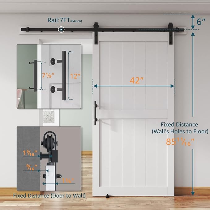 42''x84'' Sliding Barn Door with 7 Ft Barn Door Hardware Kit& Handle& Floor Guides,Pre-Drilled Holes Easy Assembly - Include Installation Manual, Water-Proof PVC Surface, H-Frame, White