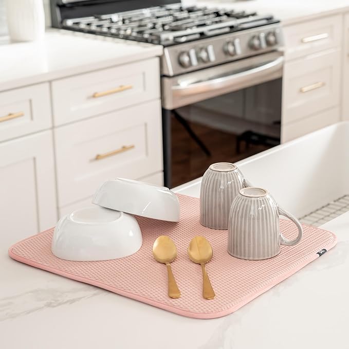 S&T INC. Dish Drying Mat, 16” x 18”, Absorbent Microfiber Kitchen Counter Mat, Drying Pad for Dishes, Utensils, Pots and Pans, Large, Diamond Texture, Pink