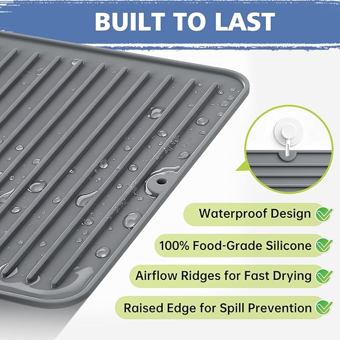 Songrey 24" x 18" Silicone Dish Drying Mat, Kitchen Counter Drying Pad for Sink Dishes or Under Rack, Multi-Use as Heat Resistant Trivet, Coffee Bar Mat