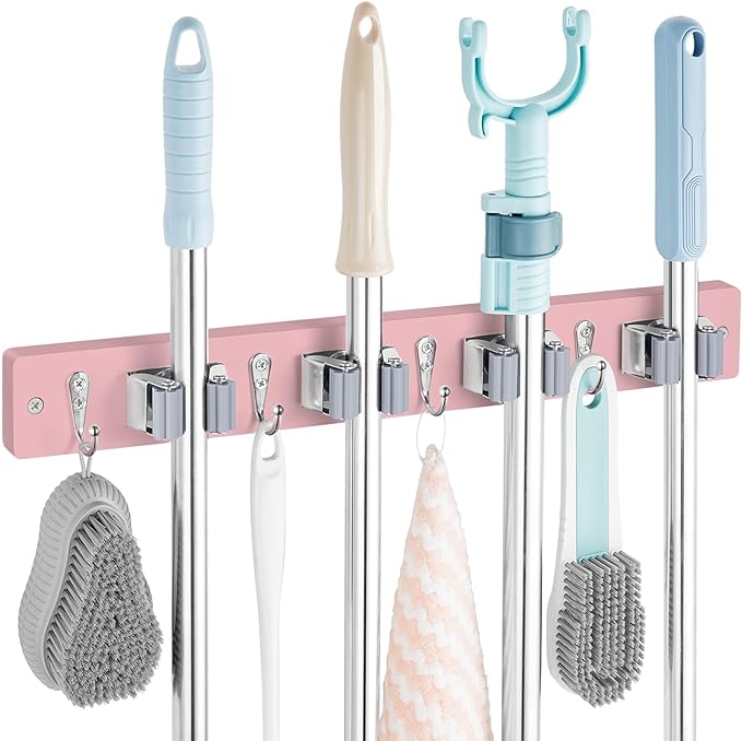 Pink Mop Broom Holder Wall Mount with 4 Slots & 4 Hooks - Wood Broom Mop Hanger for Pantry Closet Laundry Room Kitchen Organization - for Pink Kitchen Decor and Accessories