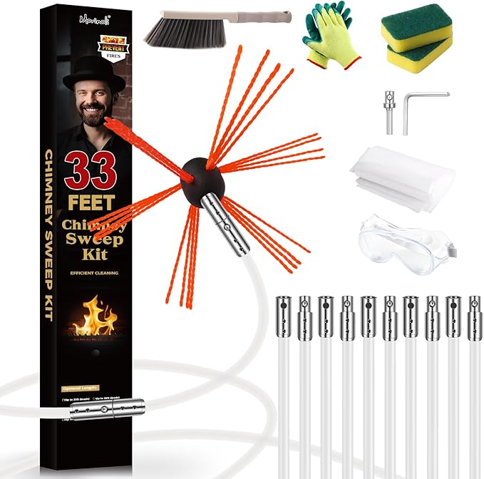 33 Feet Chimney Sweep Kit, Chrome Button Locking System, Chimney Cleaning Kit, Chimney Brush, Chimney Cleaning System with 10 Flexible Chimney Rods