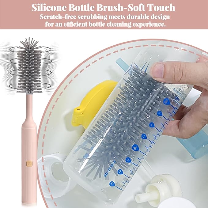 Electric Cleaning Brush with USB Rechargeable Electric Bottle Brush Cleaner and 3 Replaceable Silicone Bottle Brushes and Straw Cleaner Brush,Perfect Baby Gifts and Kitchen Brushes(Pink)