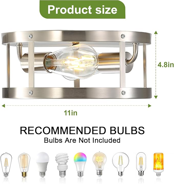 2-Light Industrial Flush Mount Ceiling Light Fixture,Brushed Nickel Farmhouse Ceiling Light Fixture,Modern Light Fixtures Ceiling Mount for Kitchen Bedroom Living Room Hallway 1 Pack