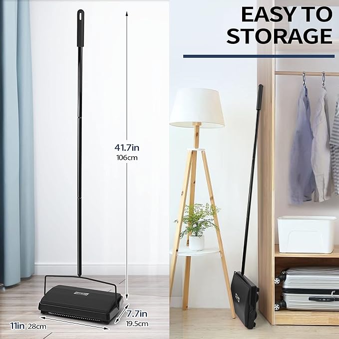 JEHONN Carpet Floor Sweeper Manual with Horsehair, Non Electric Quite Rug Roller Brush Push for Cleaning Pet Hair