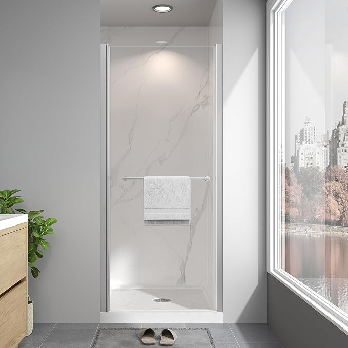 Frameless Pivot Shower Door 28"-30" W x 72" H, Swing Shower Glass Doors with Nano Explosion-Proof Film Tempered Glass 1/4"(6mm) Reversible Installtion, Brushed Nickel Finish