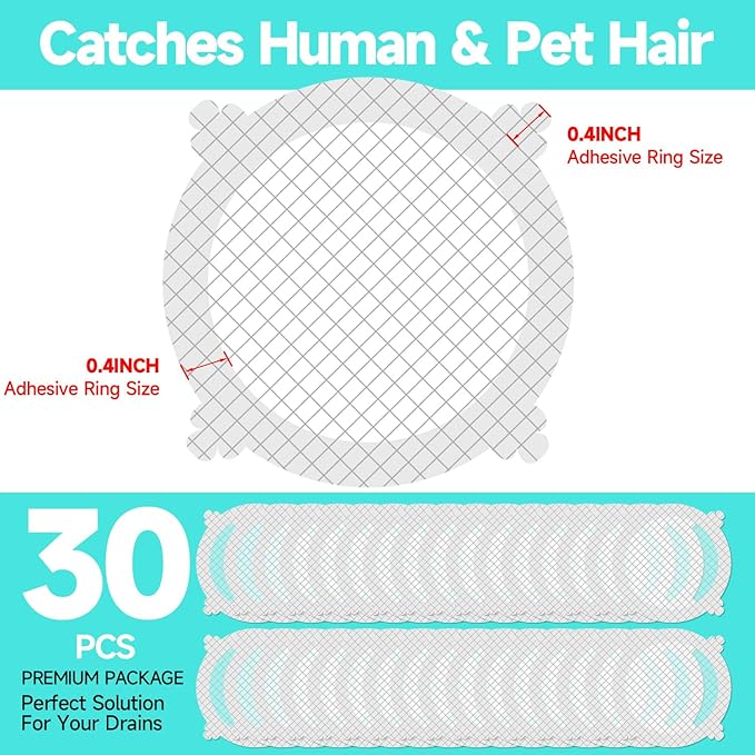 30 Pack Disposable Shower Drain Hair Catcher Shower Drain Mesh Stickers, Bathroom, Bathtub, Kitchen, Sink, for Human and pet Hair