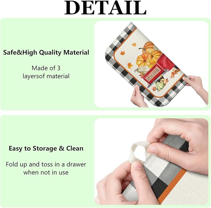 Fall Dish Drying Mat for Kitchen Counter,Autumn Buffalo Plaid Truck Pumpkin Pattern Microfiber Drying Mat,Washable Absorbent Kitchen Countertop Harvest Thanksgiving Dish Mat Drain Mat,16x18 Inch