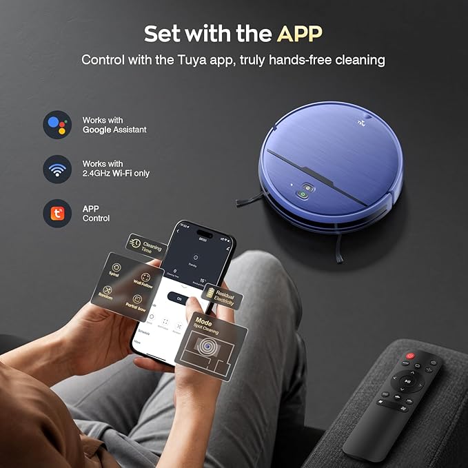 Robot Vacuum and Mop Combo with APP/Voice/Remote Control, 2 in 1 Vacuuming & Mopping Robot, Schedule, Strong Suction, Tangle-Free, Slim & Quiet, for Homes with Pets, Low Pile Carpet & Hard Floors