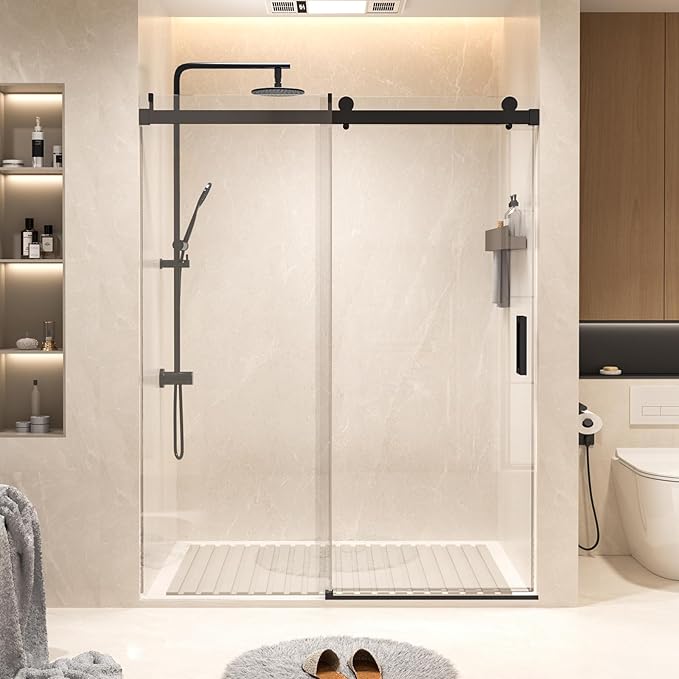 Shower Door 56–60 in W x 76 in H, 3/8" Tempered Glass Sliding Shower Door, Frameless Matte Black, Soft-Close with Buffer, Reversible Installation for Modern Bathroom