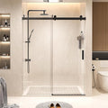Shower Door 68–72 in W x 76 in H, Matte Black, 3/8" Tempered Glass Panel with Soft-Close Buffer, Reversible Single Frameless Sliding, Modern Bathroom Glass Shower