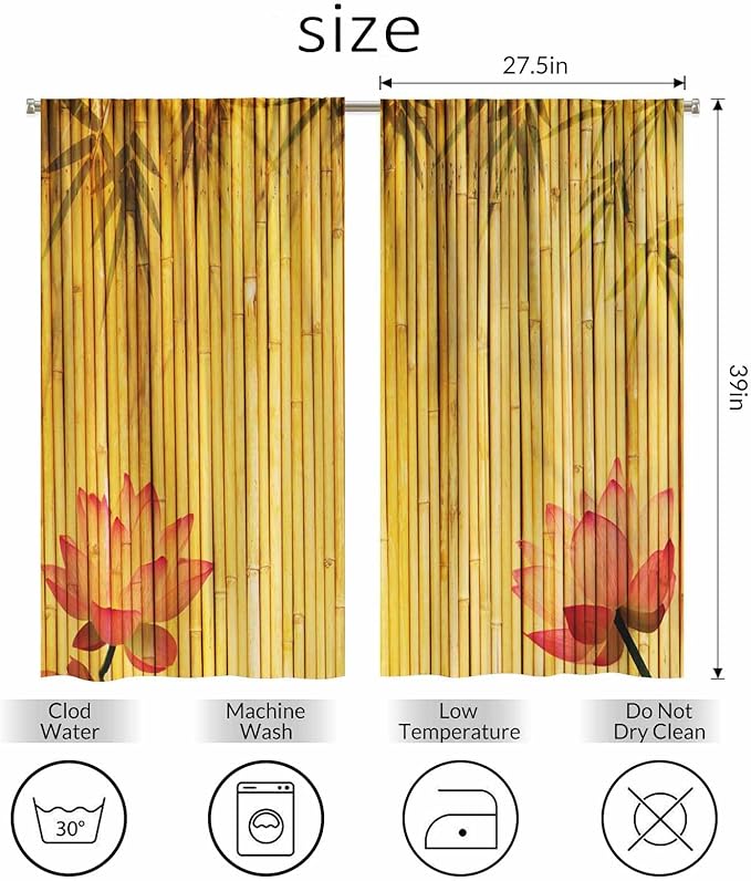 Bamboo Kitchen Curtains Pink Lotus Twigs Tree Branch Chinese Leaves Plants Short Tier Curtains for Bathroom Cafe Small Window Drapes Treatment 2 Panels (27.5x39 Inch)