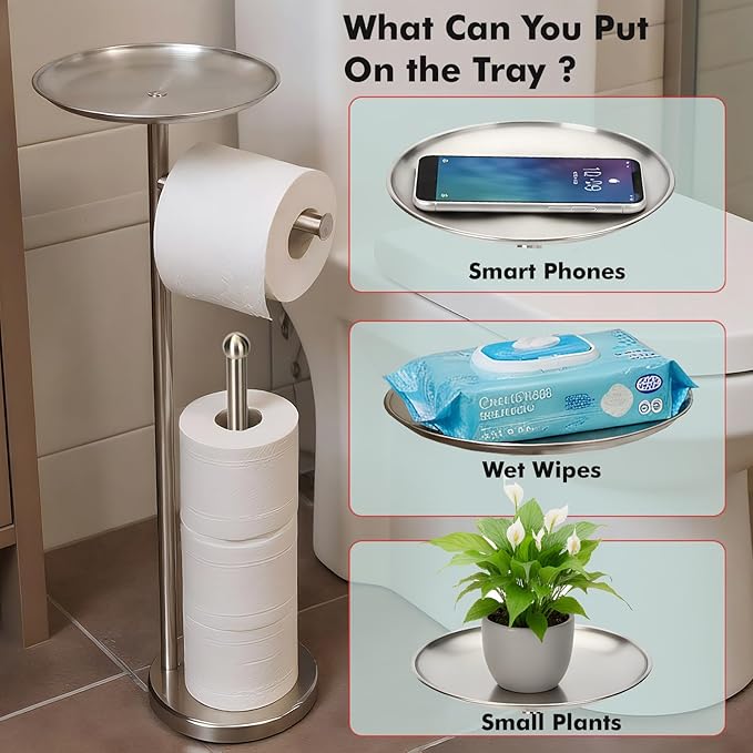 Freestanding Toilet Paper Holder with Shelf, Toilet Paper Stand with Storage for Holding Extra 4 Toilet Paper Rolls (Brushed Nickel)