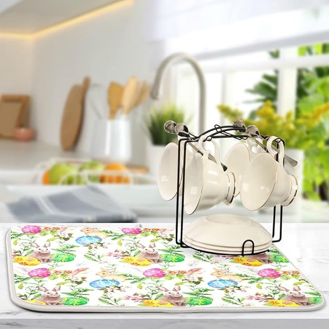 Happy Easter Day Bunny Dish Drying Mat for Kitchen Easter Eggs Peeps Spring Flowers Microfiber Drying Mats Absorbent Reversible Dish Pad Large Dish Draining Mat 18x24 inch