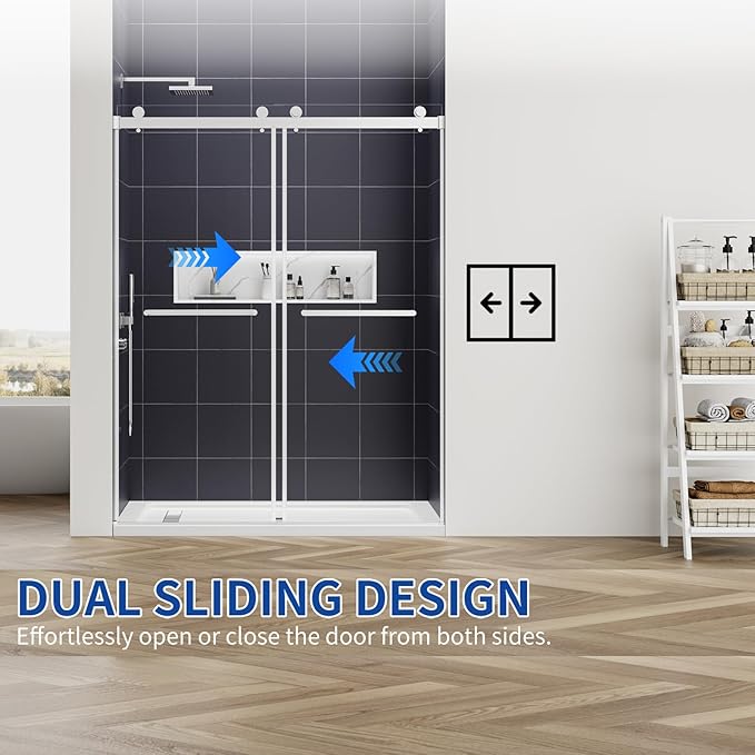 56-60" W x 76" H Double Sliding Frameless Shower Glass Door, 5/16" (8mm) ANSI & SGCC Certified Tempered Glass with Double Nano Coating, Stainless Steel Hardware & Towel Rack (Brushed Nickel)
