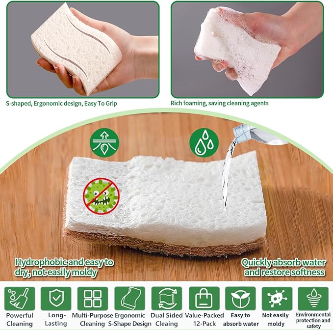 Sponges Kitchen Natural Dish Sponge Plant-Based Biodegradable Compostable Cellulose with Coconut Scrubber Sponge Non Scratch Eco Friendly Kitchen sponges for Kitchen Dishes（Pack of 12）