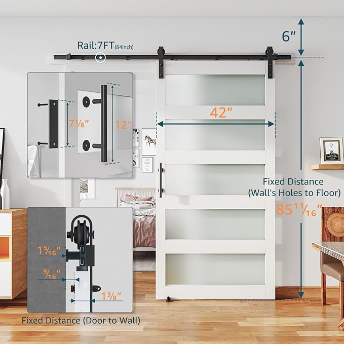 42'' x 84'' Glass Barn Door and 7 Ft Hardware Kit Included, MDF White Barn Door Slab with Frosted Glass, PVC Surface, Combined with Handle and Floor Guide-Assembly Required, White