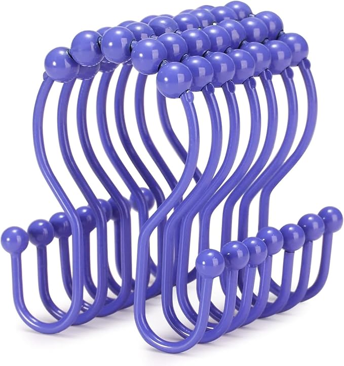 Goowin Shower Curtain Hooks, 12 Pcs Shower Curtain Rings, Stainless Steel Shower Curtain Hangers, Double Hook Shower Curtain Hooks, Smooth Sliding Anti-Drop Shower Rings for Curtain (Purple)