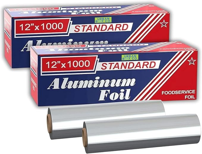 Urban Box Co. 12" x 1000' Standard Aluminum Foil Roll, Commercial-Grade Silver Wrap for Food Service, Catering, Baking & Home Use, Durable, Tear-Resistant, Heat-Safe, 2 Pack