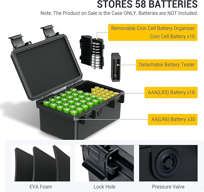 KIWIFOTOS 58 Slots AA AAA Battery Case Holder with Tester IP67 Waterproof Outdoor Household Batteries Storage Organizer Container with CR2032 Coin Cell Battery Holder