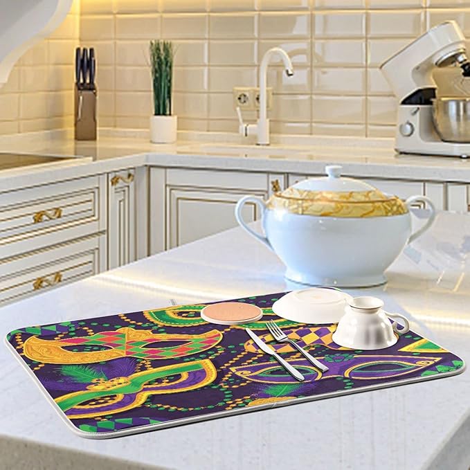 Mardi Gras Dish Drying Mat for Kitchen Mask Beads Confetti Masquerade Party Microfiber Drying Mats Absorbent Reversible Dish Pad Large Dish Draining Mat 18x24 inch