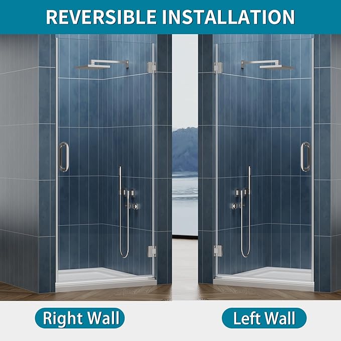 Framelss Hinged Shower Door, 36"W x 76"H Single Swing Pivot Shower Door, 3/8" (10mm) Tempered Glass with Nano Coating, Stainless Steel Handle, Glass Door for Walk-in Shower - Brushed Nickel