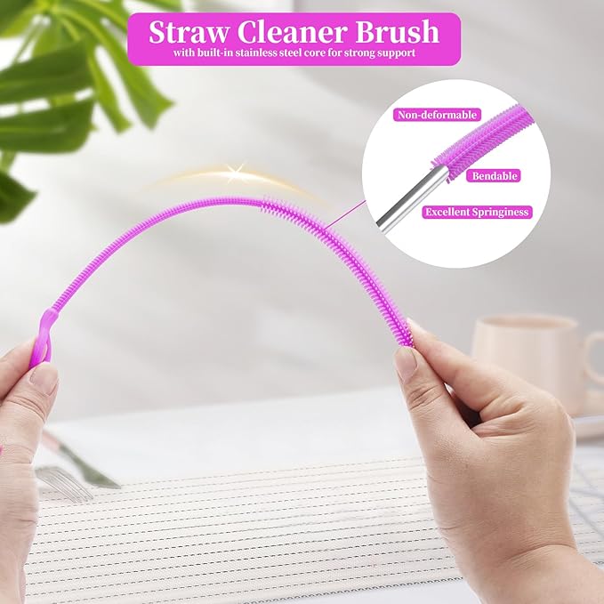 2Pcs silicone straw cleaning brushes, extra long, used for Cleaning Glass Metal Smoothie Straws and StrawCups,Non-slip Handle Soft and Bendable, 6mm+9mm. (Purple)