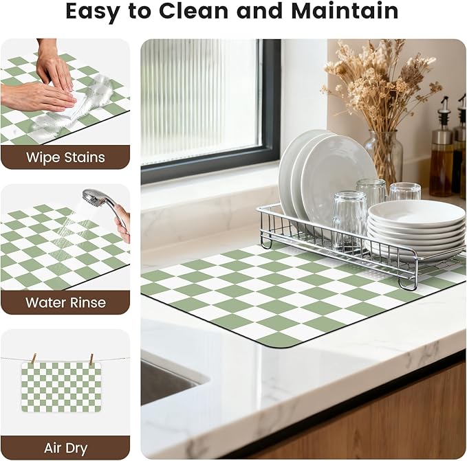 16" x 24" Checkered Dish Drying Mat for Kitchen Counter, Absorbent Coffee Bar Mat for Espresso Machine Coffee Countertops Accessories (Green)