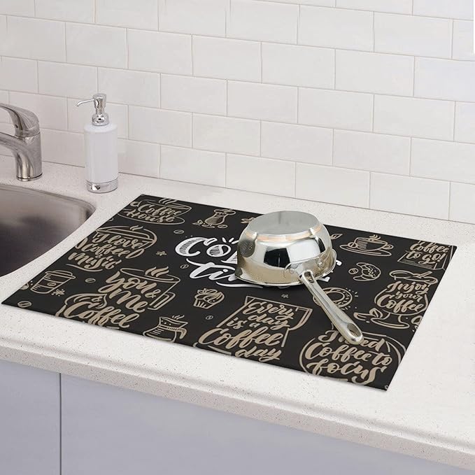 Coffee Time Dish Drying Mat 18x24 Inch, Microfiber Absorbent Fast Dry Mat Large Dish Mat Drying Kitchen Mat, Kitchen Drying Pad for Kitchen Counter Coffee Bar Decor Gifts