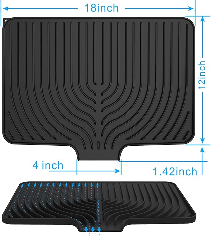 Dish Drying Matt for Kitchen Counter,10"14"18"20"Silicone Dry Rack Mat with Built in Drain, Kitchen Dry Mats for Dishes Drying Pad for Counter(18"×12"black)