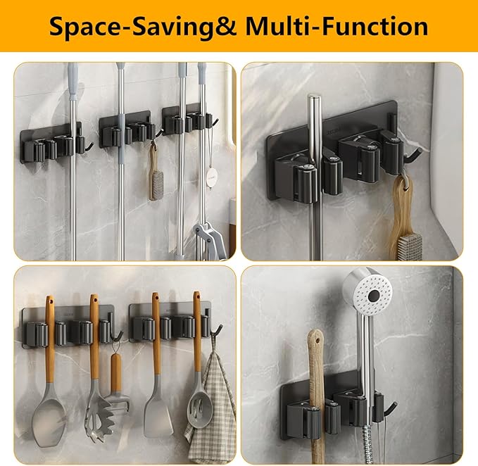 Broom Holder Wall Mount No Drill,Broom and Mop Organizer Wall Hanging Heavy Duty with Hooks Hanger, Self Adhesive Stainless Steel Broom Organizer for Bathroom, Kitchen, Laundry Room Storage (6Pcs)