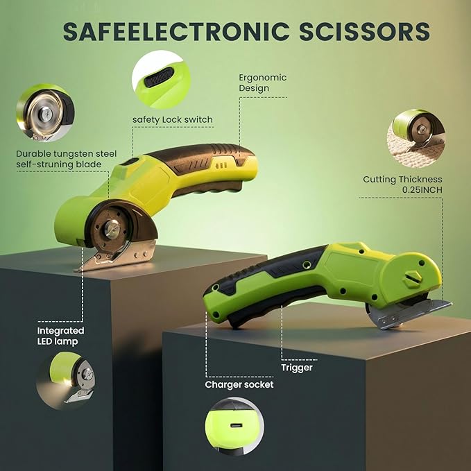 Electric Scissors & Cardboard Cutter, 4V Cordless Power Box Cutter for Recycling - 2000mAh Rechargeable Battery -Rotary Cutter Tool for Fabric, Carpet & Leather -Includes 3 Blades & Storage Bag