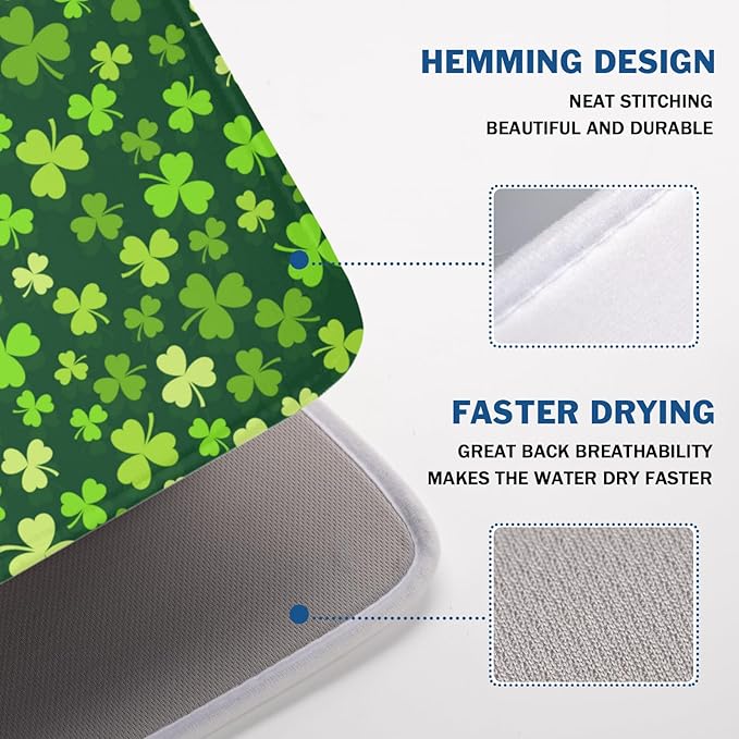 St. Patrick's Day Dish Drying Mat for Kitchen Counter,Irish Green Shamrocks Clover Leaves Drying Mat 18 x 24 Inch with Absorbent Reversible Microfiber Dish Drying Pad for Coffee Bar